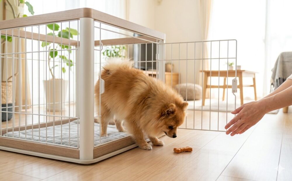 小型犬がケージに慣れるトレーニングシーン