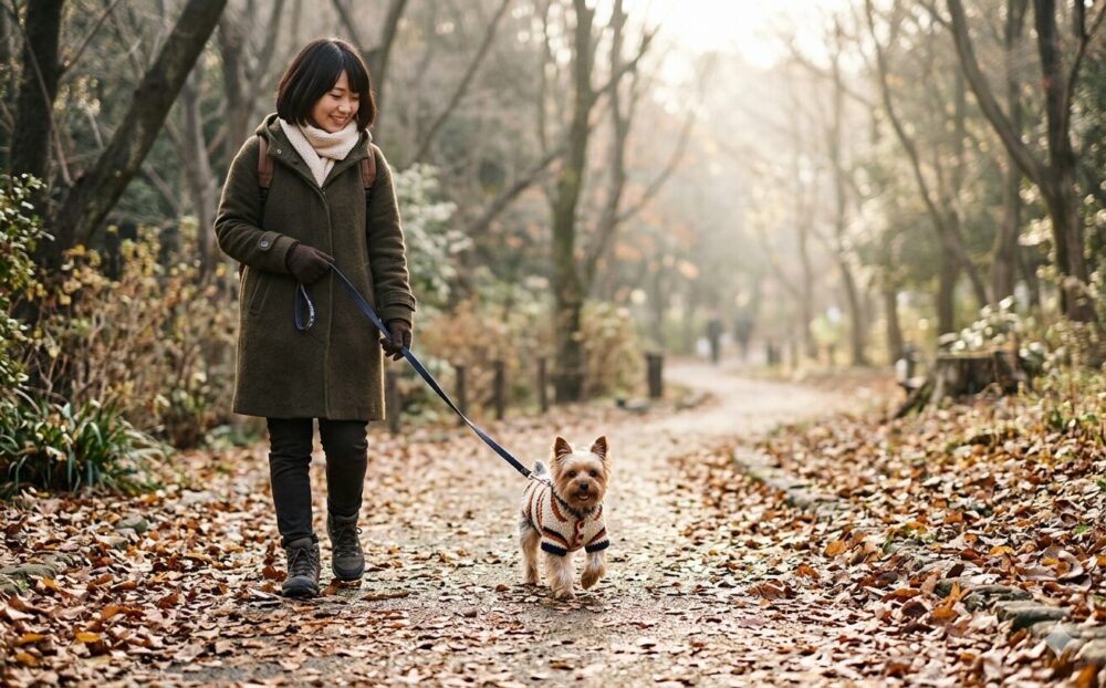 服を着た小型犬と冬の公園を散歩する女性