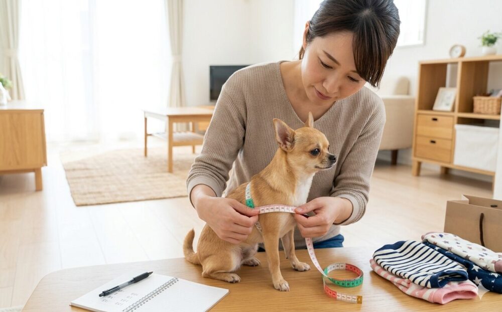 チワワの服のサイズをメジャーで計測する女性