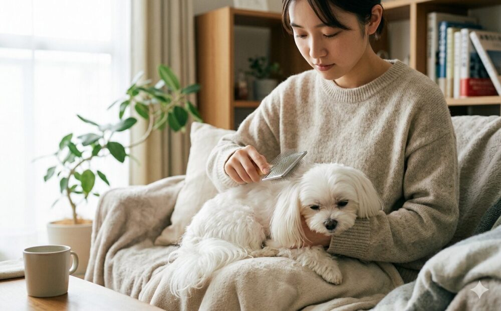 自宅でマルチーズをブラッシングする女性