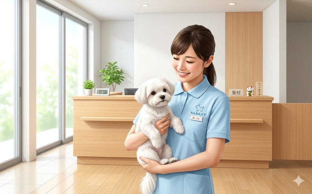 笑顔のスタッフが小型犬を抱くペットホテルの受付シーン