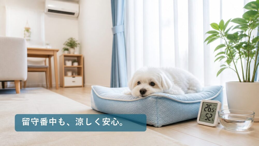 涼しい室内のベッドで休む小型犬と温湿度計と水皿
