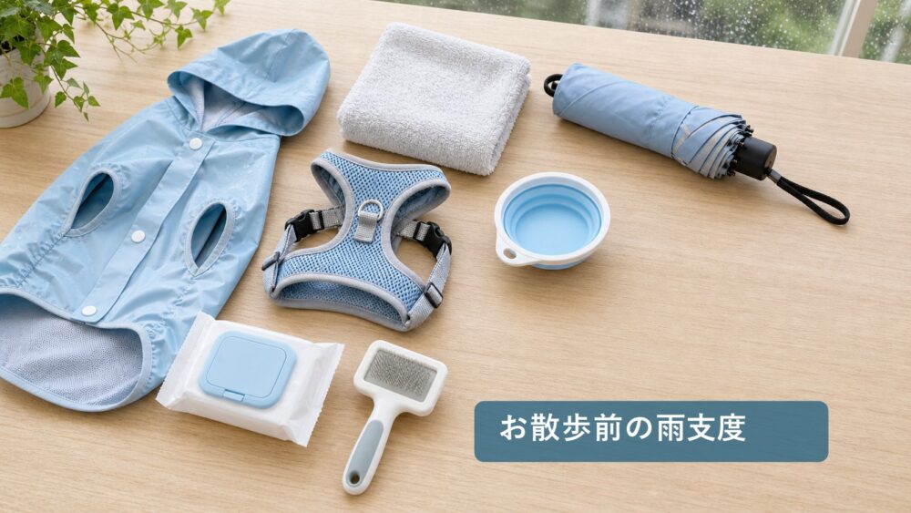 小型犬の雨の日散歩に必要なレインウェアとタオルとケア用品