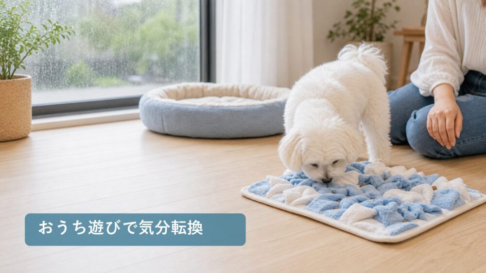 雨の日に室内でタオル遊びをする小型犬