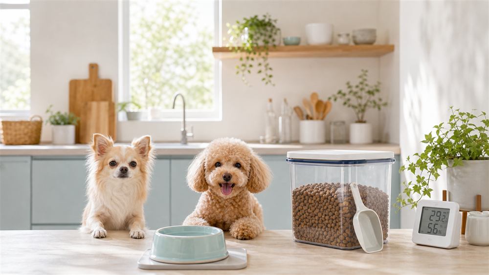 小型犬の夏の体調管理とフード管理をイメージした写真