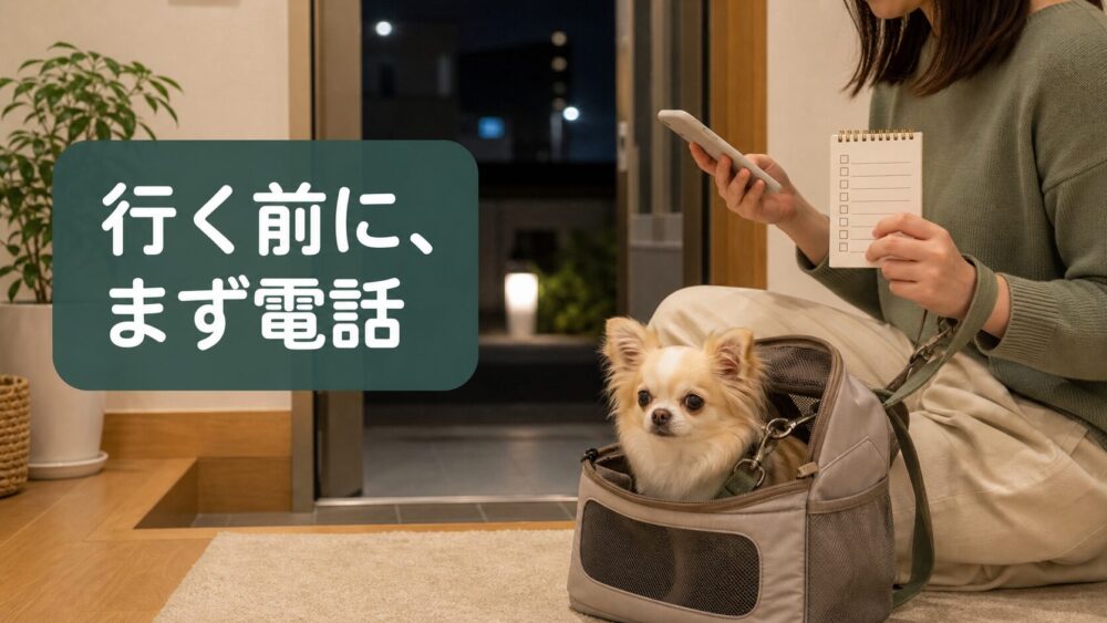 夜間受診前に動物病院へ電話する準備をする小型犬のイメージ