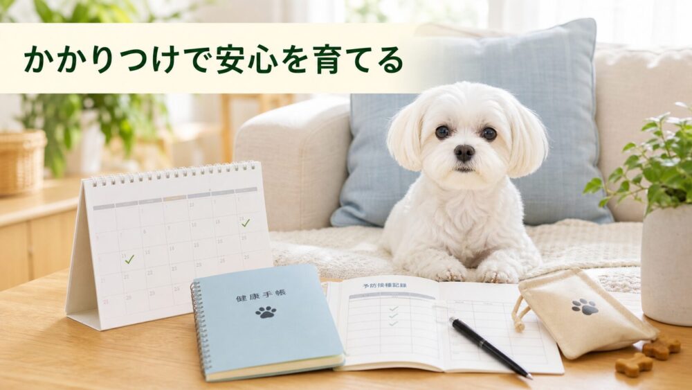小型犬のかかりつけ動物病院を決めて健康管理するイメージ