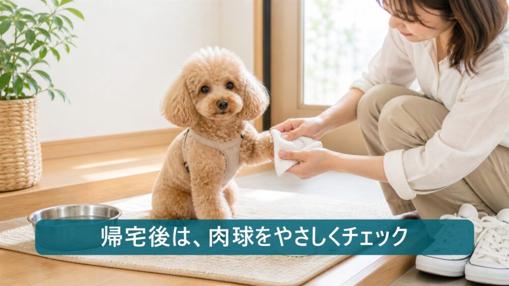 散歩後に小型犬の肉球をやさしく確認するイメージ