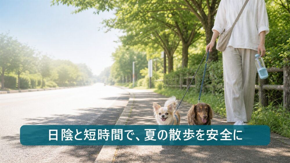 夏の散歩で日陰を選び小型犬の肉球やけどを防ぐイメージ