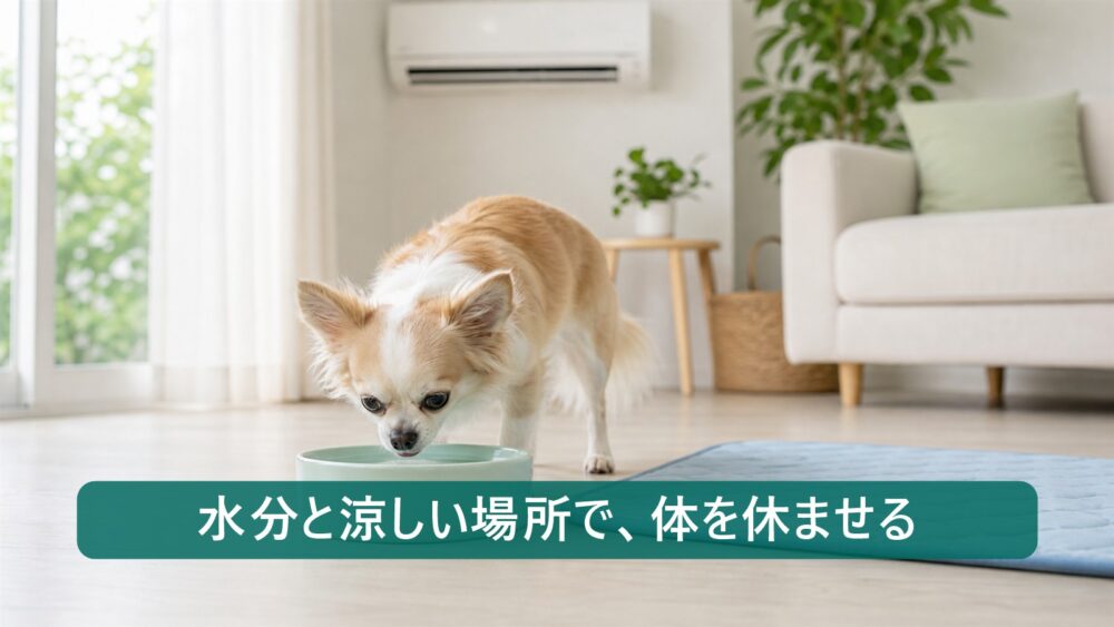 小型犬の夏バテ対策として水分補給と涼しい場所で休ませるイメージ