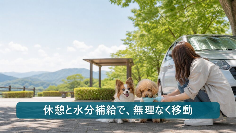 小型犬との夏ドライブで休憩と水分補給をするイメージ